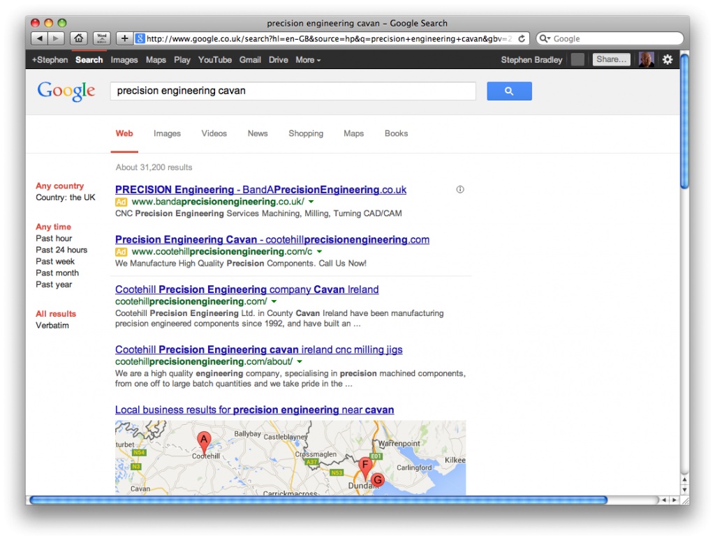 Google search first page SEO, Cootehill Precision Engineering screenshot by veetoo web design Belfast Northern Ireland